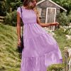 Women Summer Ruffle Cap Sleeve Casual Dress Smocked Bodice Maxi Dress with Pockets S E05 W Purple