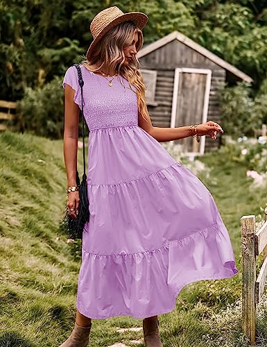 Women Summer Ruffle Cap Sleeve Casual Dress Smocked Bodice Maxi Dress with Pockets S E05 W Purple