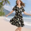 Women's Summer Floral Ruffle Short Sleeve Dresses Casual A Line T Shirt Dress Beach Sundresses with Pockets ESL