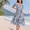 Summer Floral Midi Dresses for Women V Neck Puff Short Sleeve Frill Trim Dress with Pockets EVX