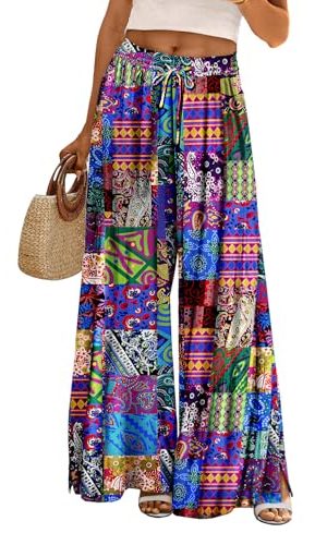 Women Summer Boho Palazzo Pants High Waist Wide Leg Floral Casual Cotton Lounge Trousers with Pockets S PP0 P002B