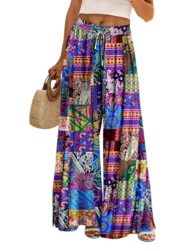 Women Summer Boho Palazzo Pants High Waist Wide Leg Floral Casual Cotton Lounge Trousers with Pockets S PP0 P002B