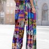 Women Summer Boho Palazzo Pants High Waist Wide Leg Floral Casual Cotton Lounge Trousers with Pockets S PP0 P002B