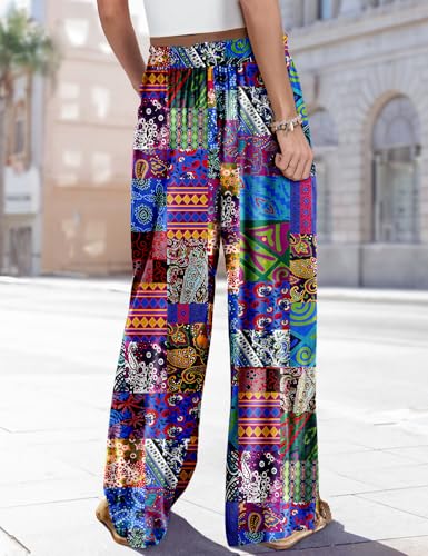 Women Summer Boho Palazzo Pants High Waist Wide Leg Floral Casual Cotton Lounge Trousers with Pockets S PP0 P002B