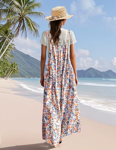 Casual Wide Leg Jumpsuits for Women Boho Floral Pleated Overalls Rompers Summer Outfits with Pockets P0D