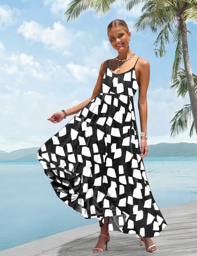 Summer Bohemian Floral Dresses for Women Spaghetti Straps Maxi Dress Casual Flowy Dresses with Pockets ES0