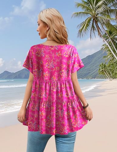 Women's Casual Short Sleeve Shirts Summer Floral Loose Tiered Swing Tunics Tops Blouses BEL