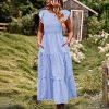 Women Summer Ruffle Cap Sleeve Casual Dress Smocked Bodice Maxi Dress with Pockets 2XL E05 W Light Blue