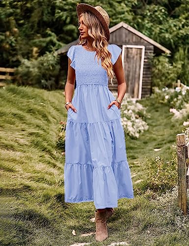 Women Summer Ruffle Cap Sleeve Casual Dress Smocked Bodice Maxi Dress with Pockets 2XL E05 W Light Blue