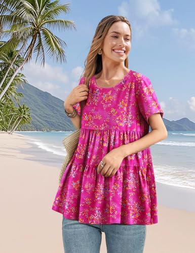 Women's Casual Short Sleeve Shirts Summer Floral Loose Tiered Swing Tunics Tops Blouses BEL