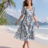 Summer Floral Midi Dresses for Women V Neck Puff Short Sleeve Frill Trim Dress with Pockets EVX
