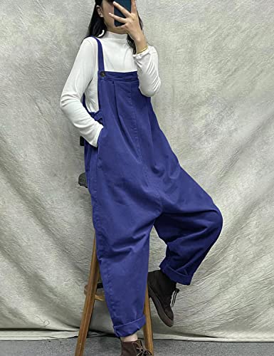 Overalls Women Plus Size Loose Fit Jumpsuits Adjustable Waist Casual Long Bib Pants Cotton Rompers with Pockets PQ1