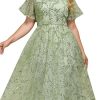 Women's Gorgeous Round Neck A-Line Short Sleeves Midi Sequin Plus Size Formal Wedding Guest Dresses