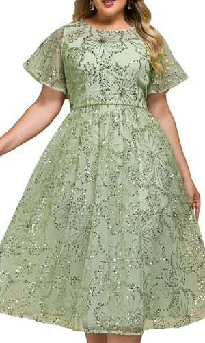 Women's Gorgeous Round Neck A-Line Short Sleeves Midi Sequin Plus Size Formal Wedding Guest Dresses