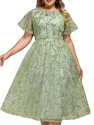 Women's Gorgeous Round Neck A-Line Short Sleeves Midi Sequin Plus Size Formal Wedding Guest Dresses