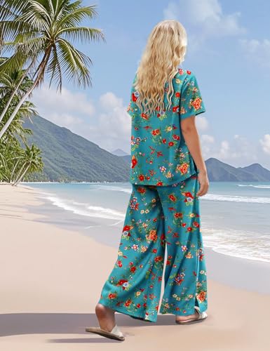 Women's Two Piece Outfits Summer Casual Floral Short Sleeve Slit Wide Leg Pants Set Vacation Airport Clothes CS1