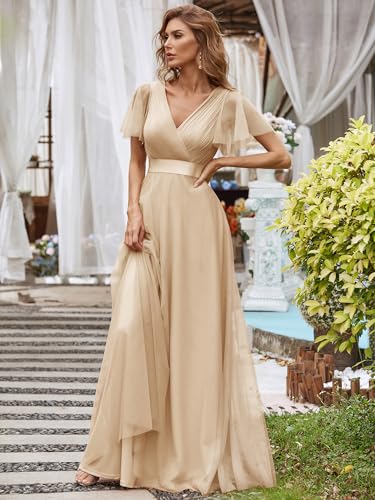 Women's Mother of Bride Dress Double V-Neck Empire Waist Front Wrap Tulle Bridesmaid Dress 07962