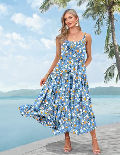 Summer Bohemian Floral Dresses for Women Spaghetti Straps Maxi Dress Casual Flowy Dresses with Pockets ES0