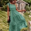 Women Summer Ruffle Cap Sleeve Casual Dress Smocked Bodice Maxi Dress with Pockets 2XL E05 W Pea Green