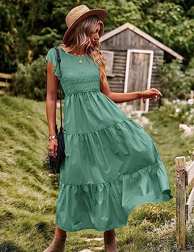 Women Summer Ruffle Cap Sleeve Casual Dress Smocked Bodice Maxi Dress with Pockets 2XL E05 W Pea Green