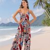 Casual Wide Leg Jumpsuits for Women Boho Floral Pleated Wide Leg Overalls Rompers Vacation Outfits with Pockets PIA
