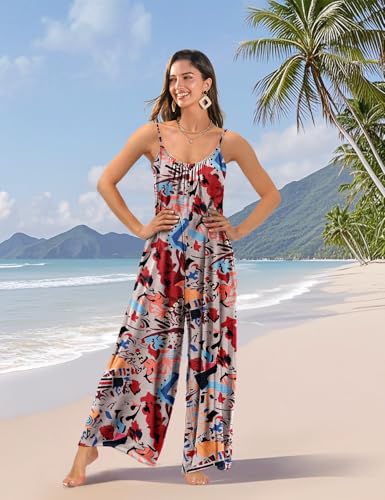 Casual Wide Leg Jumpsuits for Women Boho Floral Pleated Wide Leg Overalls Rompers Vacation Outfits with Pockets PIA