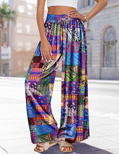 Women Summer Boho Palazzo Pants High Waist Wide Leg Floral Casual Cotton Lounge Trousers with Pockets S PP0 P002B
