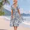 Summer Floral Midi Dresses for Women V Neck Puff Short Sleeve Frill Trim Dress with Pockets EVX