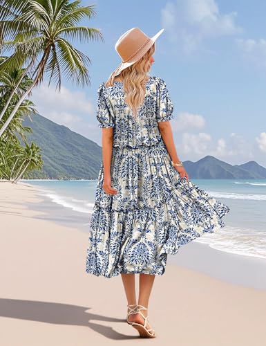Summer Floral Midi Dresses for Women V Neck Puff Short Sleeve Frill Trim Dress with Pockets EVX