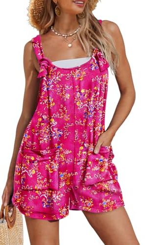 Women's Summer Casual Rompers Boho Floral Short Overalls Adjustable Tie Knot Straps Loose Jumpsuits with Pockets PHY