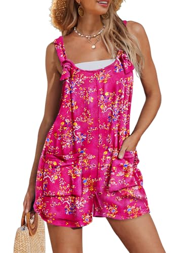 Women's Summer Casual Rompers Boho Floral Short Overalls Adjustable Tie Knot Straps Loose Jumpsuits with Pockets PHY