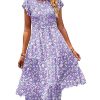 Women Summer Dresses Ruffle Cap Sleeve Casual Dress Boho Smocked Bodice Maxi Dress with Pockets E05