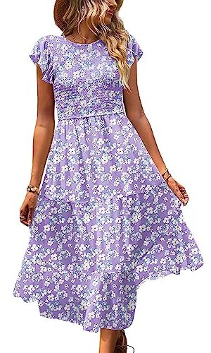 Women Summer Dresses Ruffle Cap Sleeve Casual Dress Boho Smocked Bodice Maxi Dress with Pockets E05