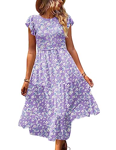 Women Summer Dresses Ruffle Cap Sleeve Casual Dress Boho Smocked Bodice Maxi Dress with Pockets E05