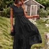 Women Summer Ruffle Cap Sleeve Casual Dress Smocked Bodice Maxi Dress with Pockets M E05 W Black