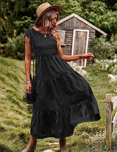 Women Summer Ruffle Cap Sleeve Casual Dress Smocked Bodice Maxi Dress with Pockets M E05 W Black