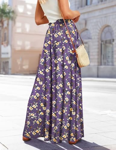 Women Wide Leg Pants High Waisted Floral Boho Palazzo Culottes Casual Flowy Tie Knot Trousers with Pockets PPS