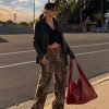 Denim Mid Waist Leopard Wide Leg Pants