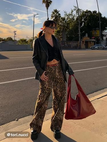 Denim Mid Waist Leopard Wide Leg Pants