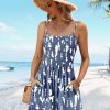 Women Summer Smocked Short Overalls Casual Boho Floral Rompers Spaghetti Straps Beach Jumpsuits with Pockets PH0