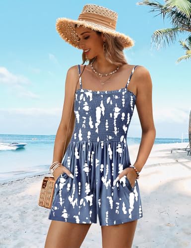 Women Summer Smocked Short Overalls Casual Boho Floral Rompers Spaghetti Straps Beach Jumpsuits with Pockets PH0