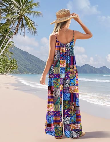 Casual Wide Leg Jumpsuits for Women Boho Floral Pleated Wide Leg Overalls Rompers Vacation Outfits with Pockets PIA
