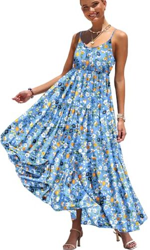 Summer Bohemian Floral Dresses for Women Spaghetti Straps Maxi Dress Casual Flowy Dresses with Pockets ES0
