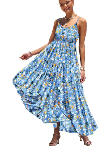Summer Bohemian Floral Dresses for Women Spaghetti Straps Maxi Dress Casual Flowy Dresses with Pockets ES0