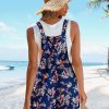 Women's Summer Casual Rompers Boho Floral Short Overalls Adjustable Tie Knot Straps Loose Jumpsuits with Pockets PHY