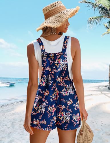Women's Summer Casual Rompers Boho Floral Short Overalls Adjustable Tie Knot Straps Loose Jumpsuits with Pockets PHY