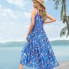 Summer Bohemian Floral Dresses for Women Spaghetti Straps Maxi Dress Casual Flowy Dresses with Pockets ES0