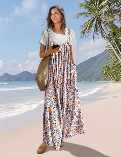 Casual Wide Leg Jumpsuits for Women Boho Floral Pleated Overalls Rompers Summer Outfits with Pockets P0D