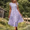 Women Summer Dresses Ruffle Cap Sleeve Casual Dress Boho Smocked Bodice Maxi Dress with Pockets E05