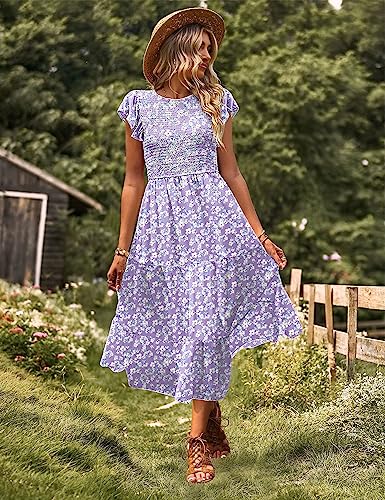 Women Summer Dresses Ruffle Cap Sleeve Casual Dress Boho Smocked Bodice Maxi Dress with Pockets E05
